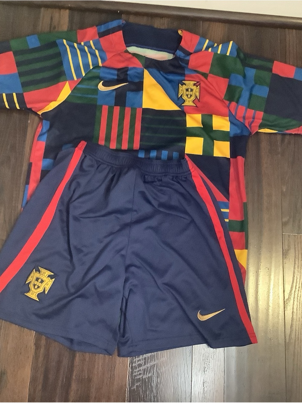 Nike Kids Multicolor Patchwork Soccer Set with Navy & Red Accents